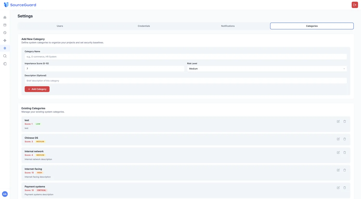 Category settings screen where system categories are defined with importance weights and preset risk levels