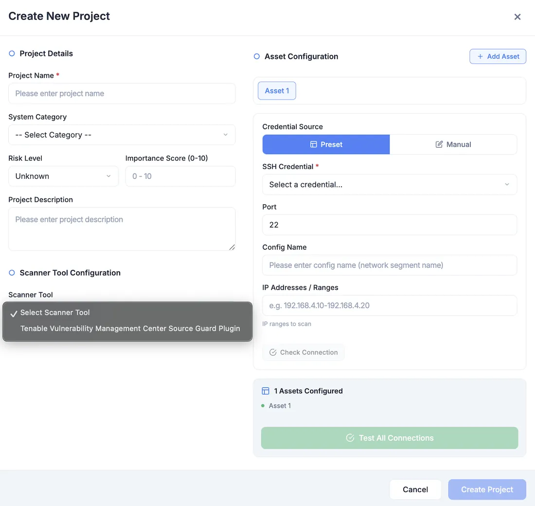 Create Project dialog with the Tenable Vulnerability Management Centre plugin selected as the scanner