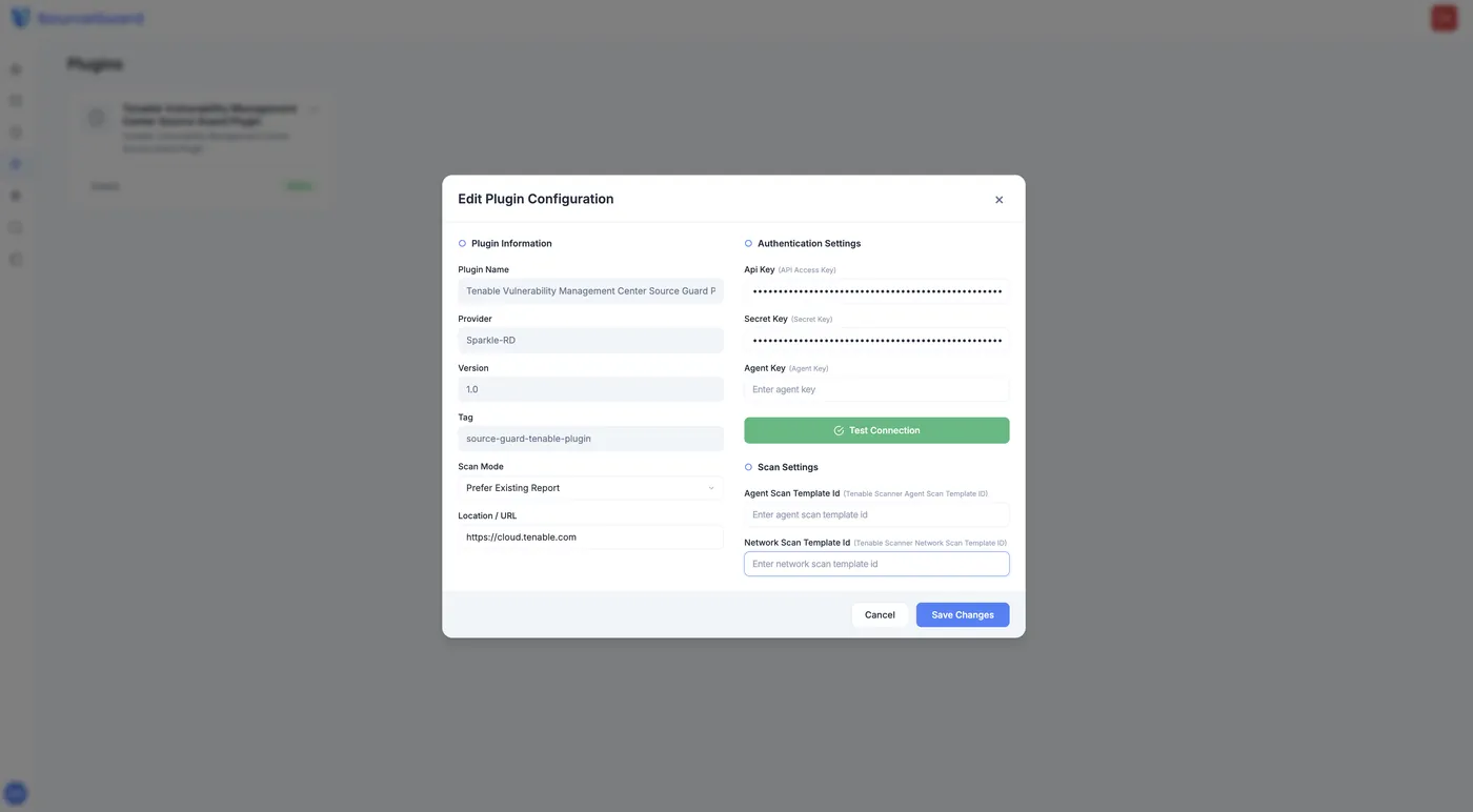 Edit Plugin Configuration window for entering the Tenable Vulnerability Management URL, authentication keys and scan settings