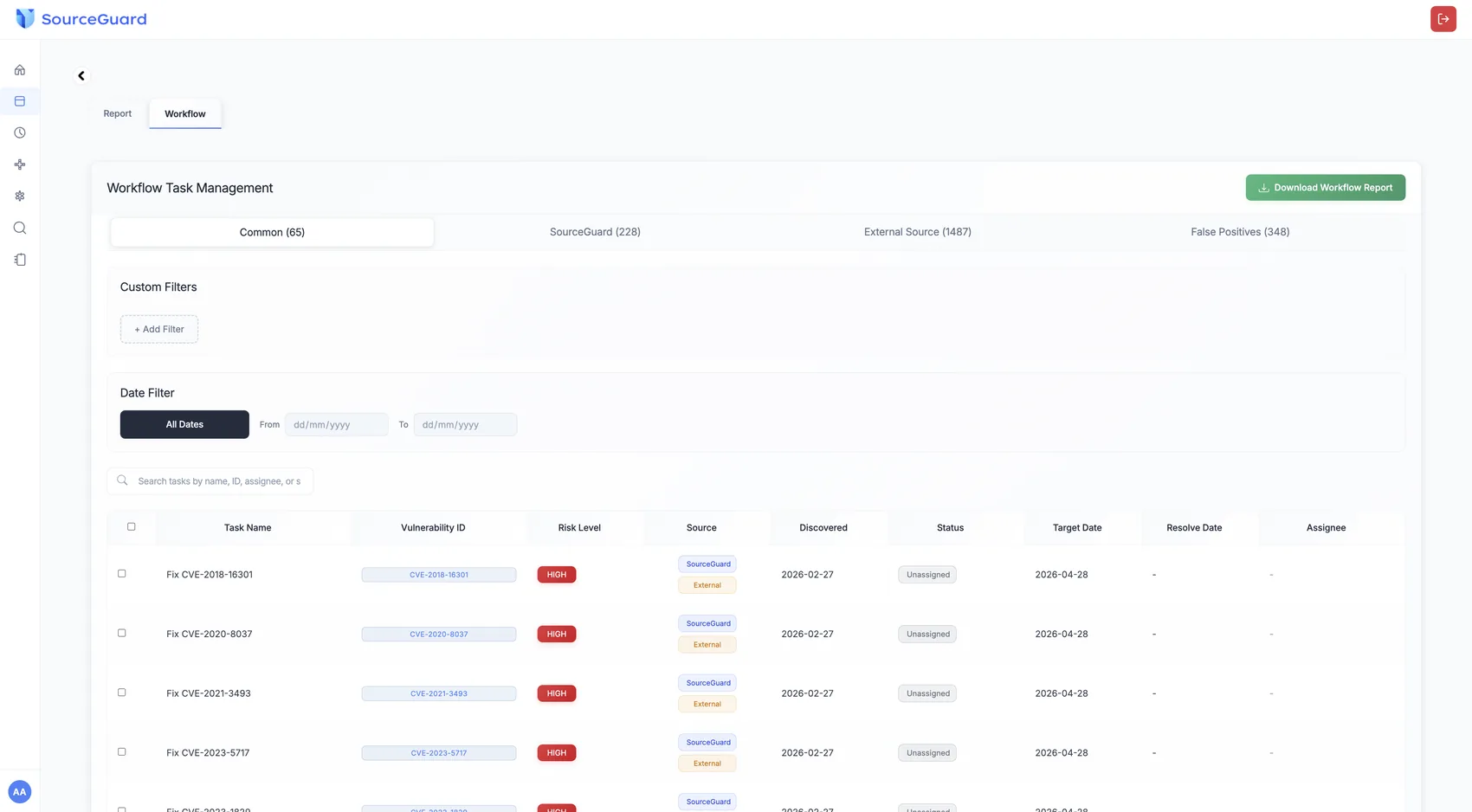 SourceGuard cross-verification workspace, with findings split across Common, SourceGuard, External Source and False Positives