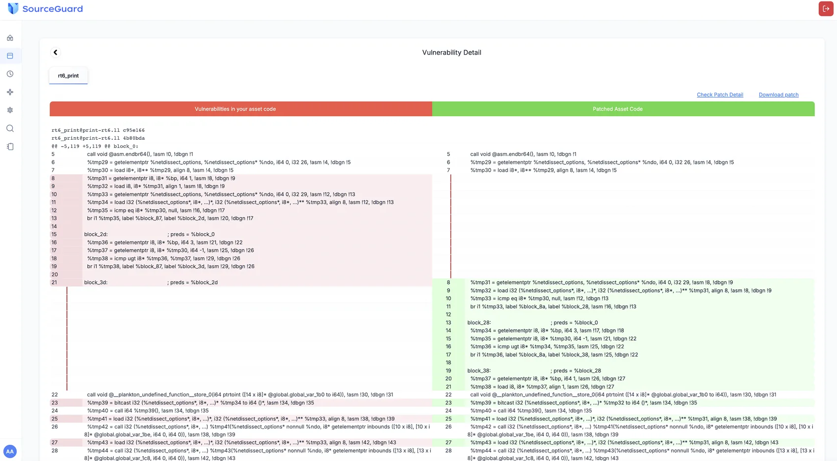 Side-by-side comparison of a vulnerable binary and its patched counterpart, showing the matched code region